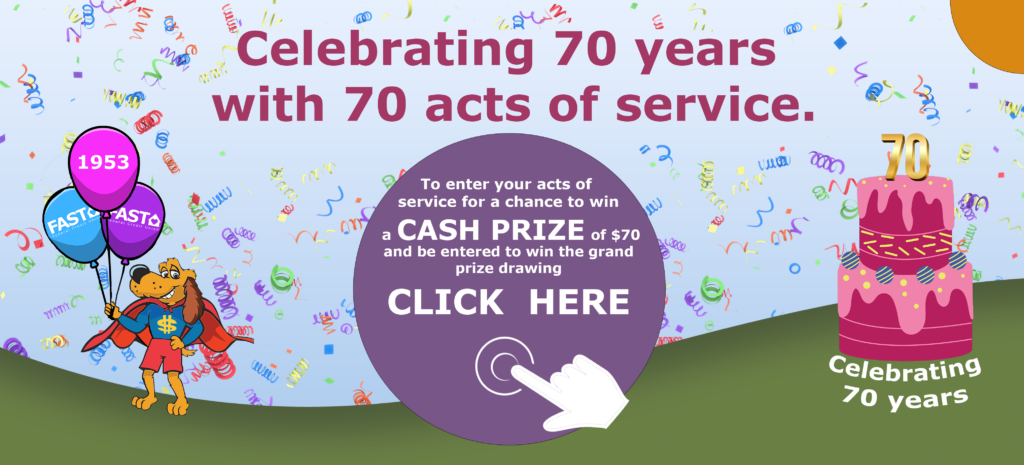 Click here to submit acts of service. Bubble with Dollar Dog and birthday cake.
